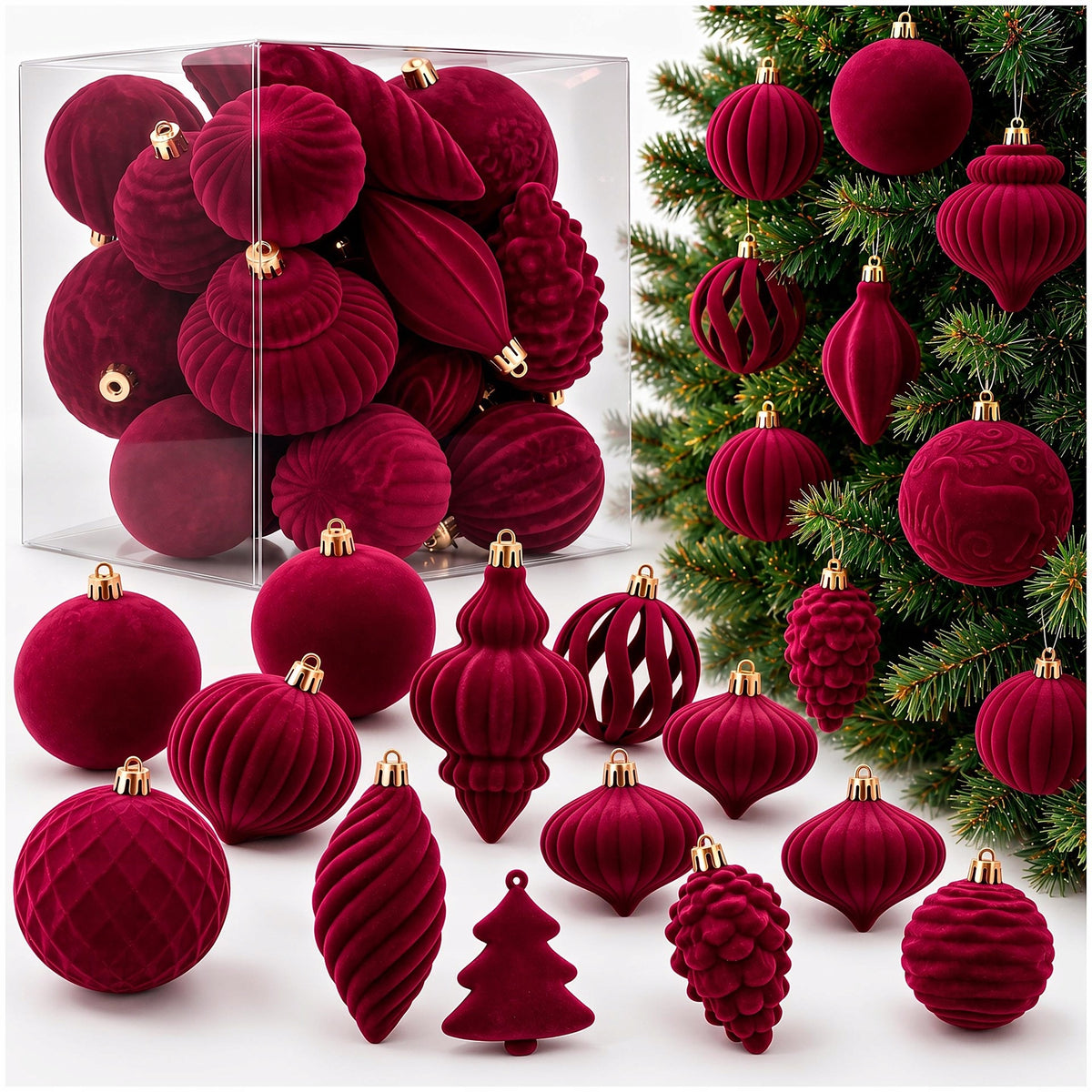 CHRISTMAS TREE BAUBLES 18 PCS CHRISTMAS ORNAMENTS BURGUNDY VELOUR UNBREAKABLE SET