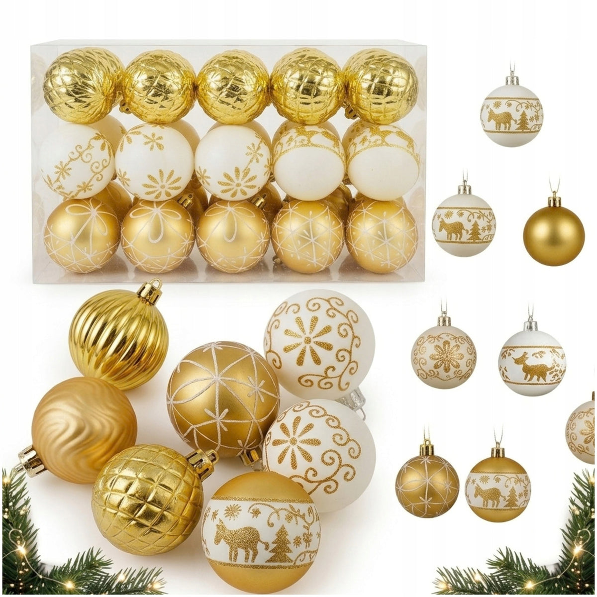 CHRISTMAS TREE BAUBLES 30 PCS UNBREAKABLE Christmas Tree Decorations Strong Gold and White