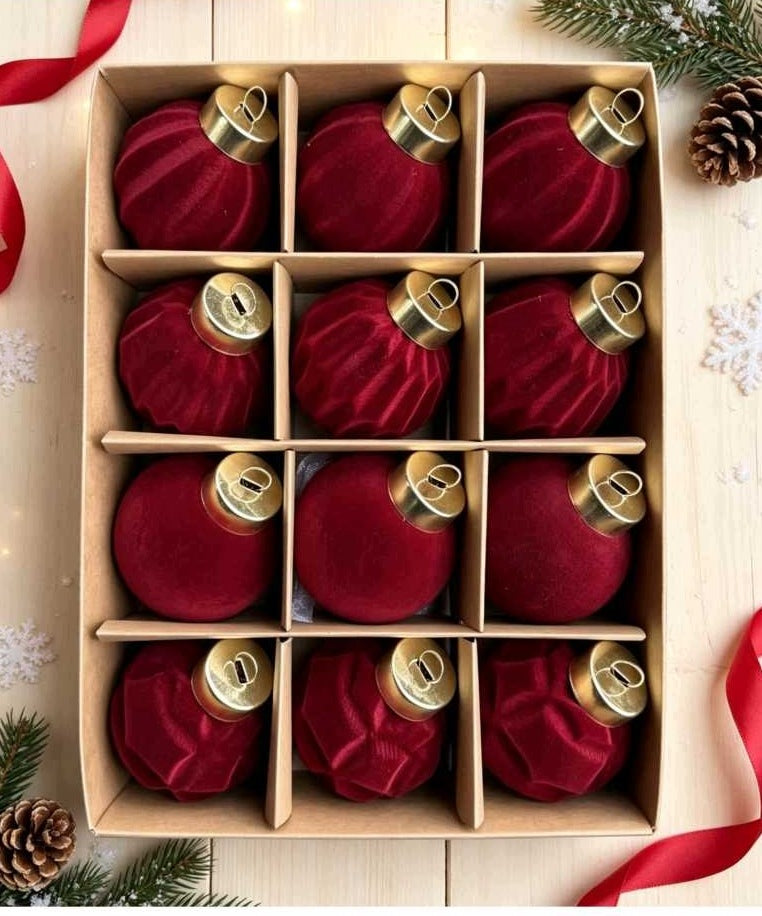 CHRISTMAS TREE BAUBLES 6 CM 12 PCS SET BURGUNDY VELOUR CHRISTMAS Brand INA