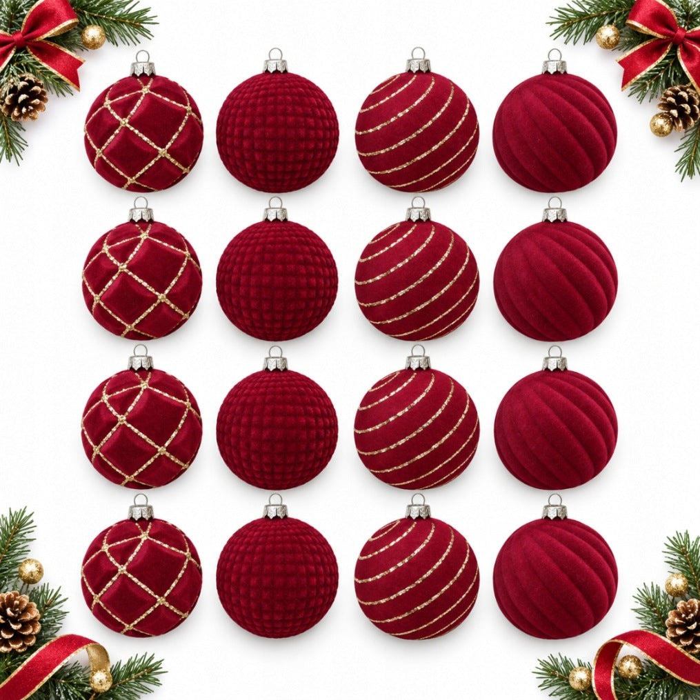 CHRISTMAS TREE BAUBLES 6 CM 16 PCS BURGUNDY VELOUR CHRISTMAS SET