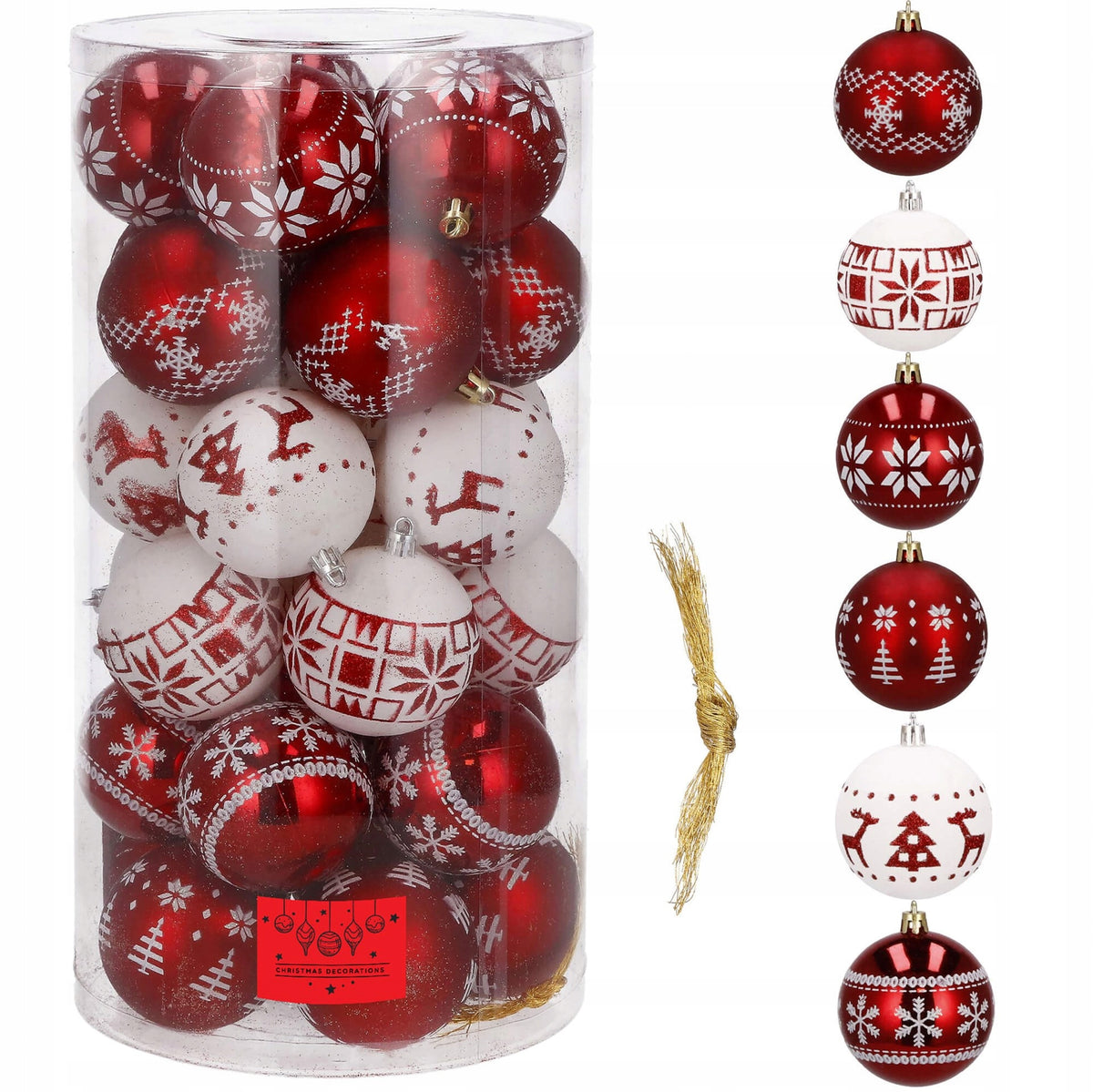 CHRISTMAS TREE BAUBLES 7cm UNBREAKABLE BAUBLE 30x SET OF RED WHITE CHRISTMAS TREE Packaging status original