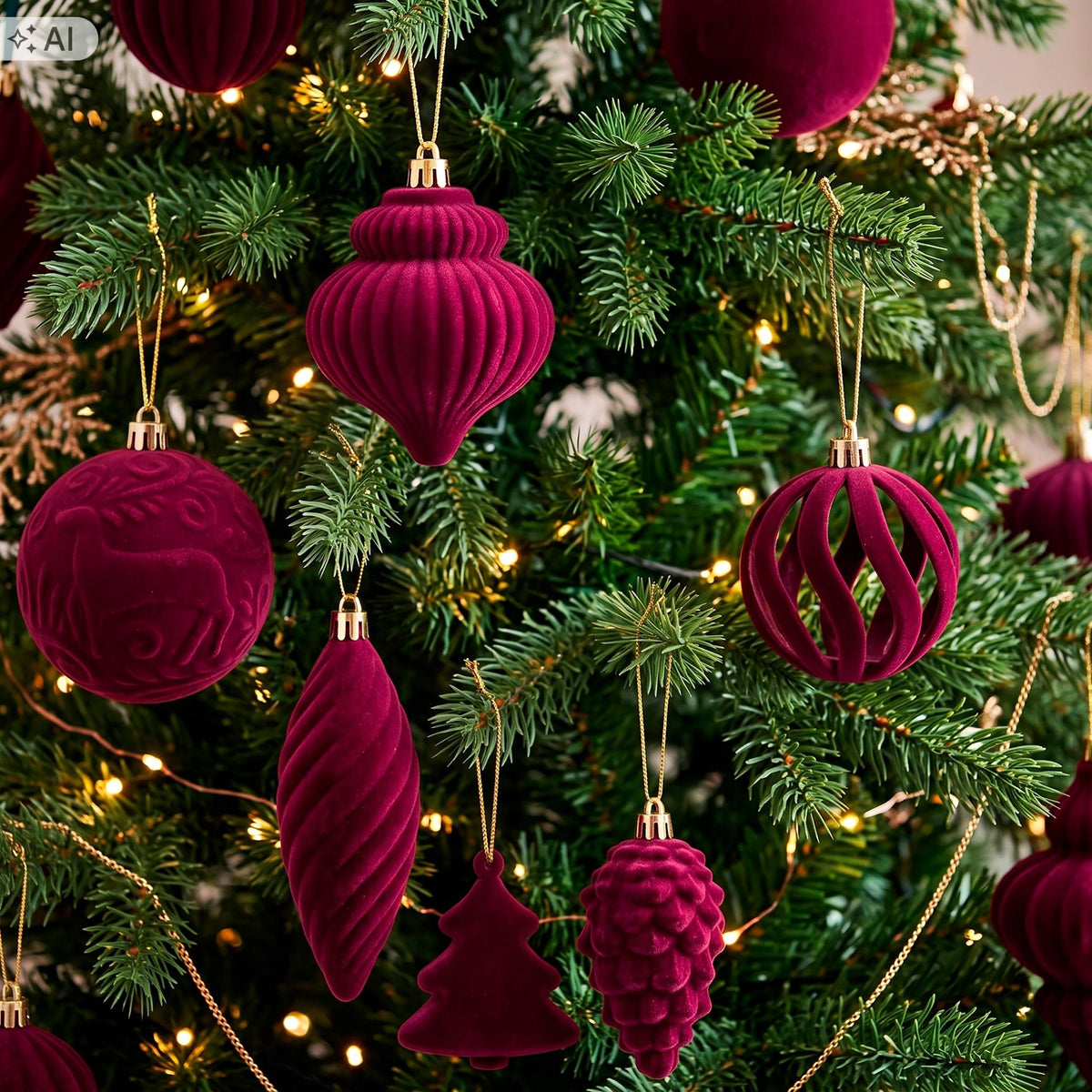 CHRISTMAS TREE BAUBLES CHRISTMAS DECORATIONS RED VELOUR UNBREAKABLE SET OF 18 PCS Packaging status original
