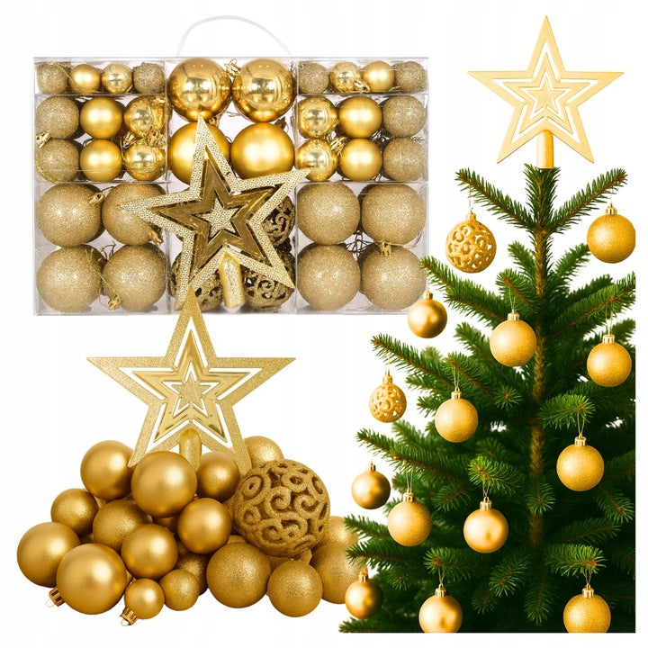 CHRISTMAS TREE BAUBLES GOLD LARGE CHRISTMAS SET 100PCS UNBREAKABLE DECORATIONS