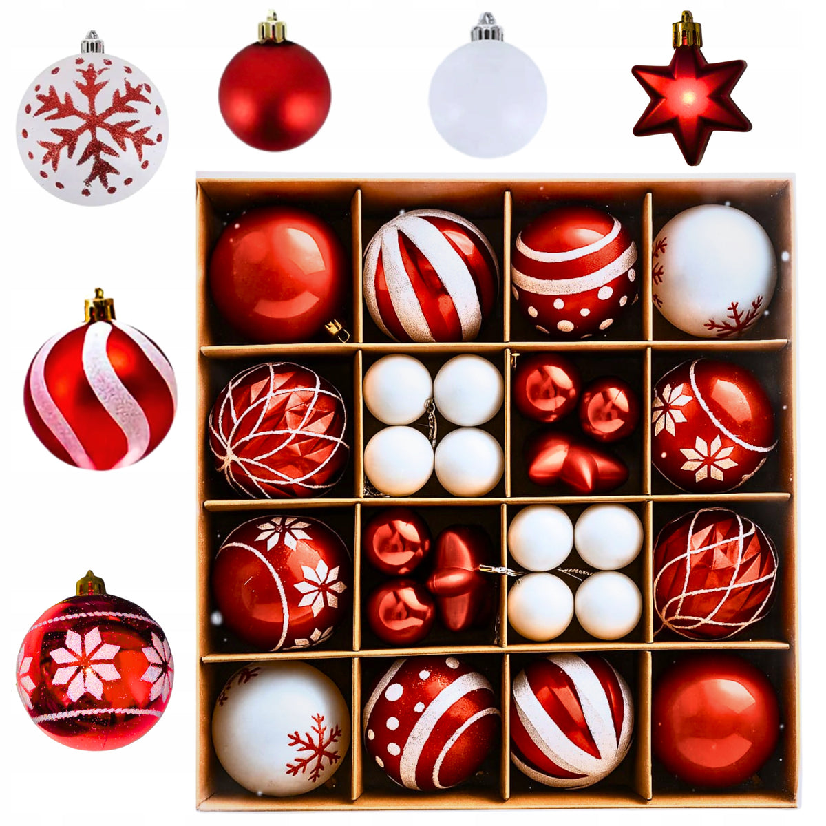CHRISTMAS TREE BAUBLES MIX FOR CHRISTMAS TREE SET PATTERN RED XXL 44 pcs.