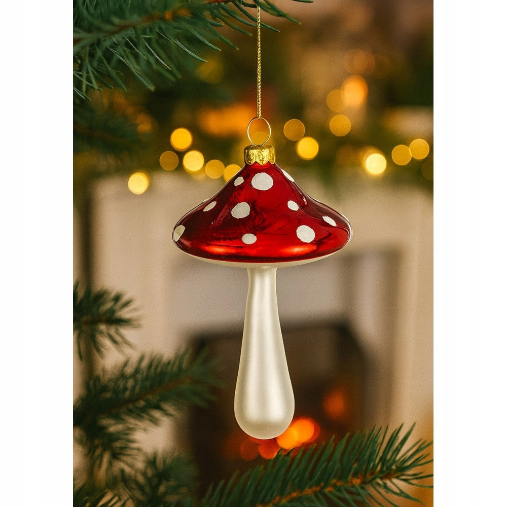 CHRISTMAS TREE BAUBLES MUSHROOM TOADSTOOL SET 4PCS RED WHITE CHRISTMAS TREE BAUBLES Longest dimension 11 cm
