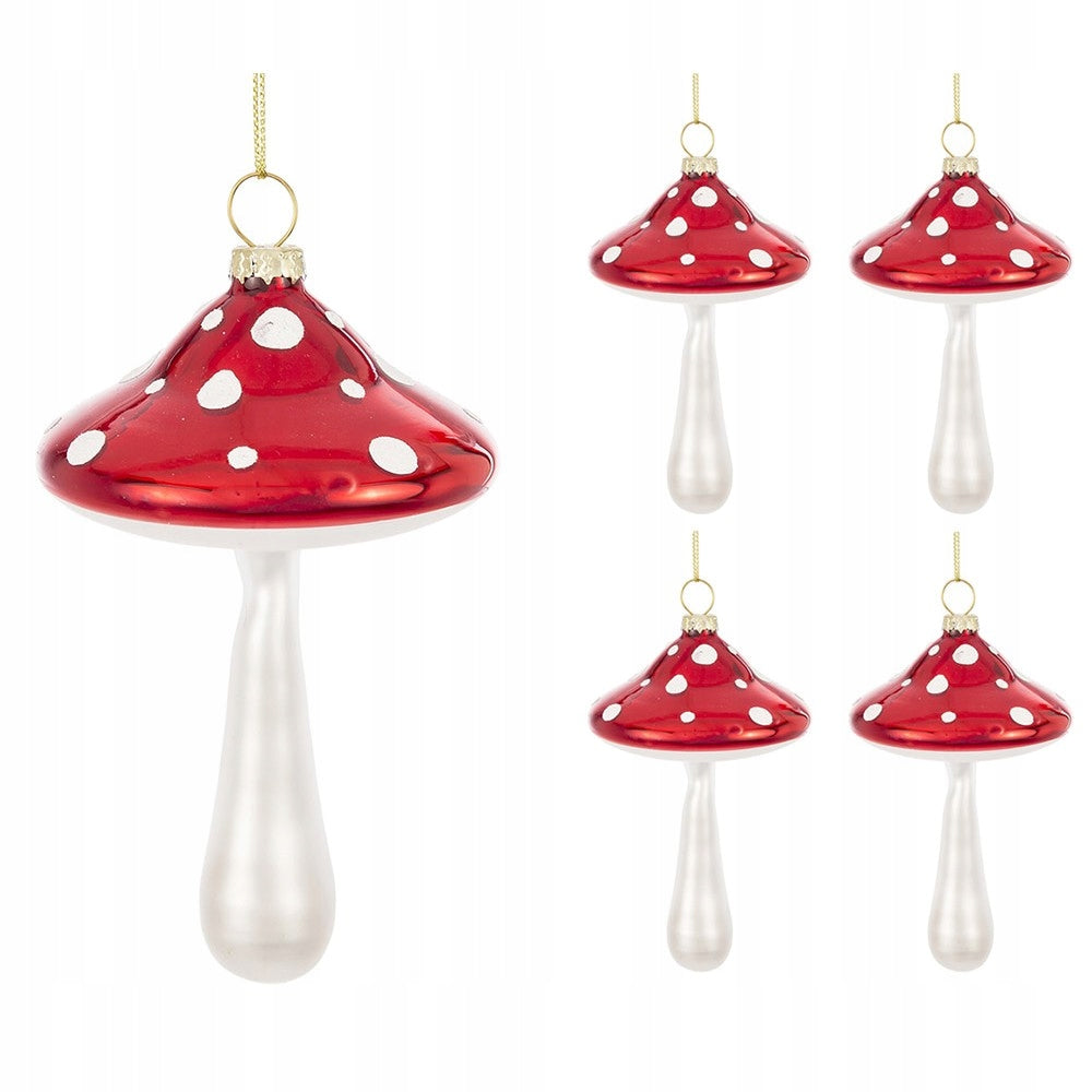 CHRISTMAS TREE BAUBLES MUSHROOM TOADSTOOL SET 4PCS RED WHITE CHRISTMAS TREE BAUBLES