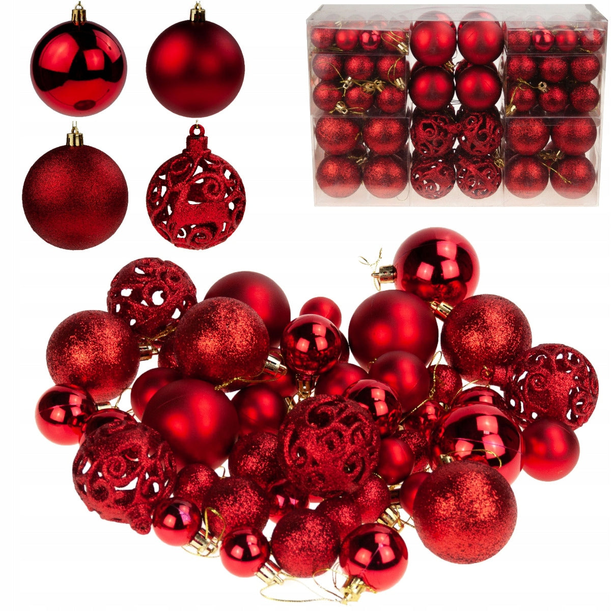 CHRISTMAS TREE BAUBLES RED SET XXL 100pcs DIFFERENT DESIGNS BAUBLES 6/4/3cm