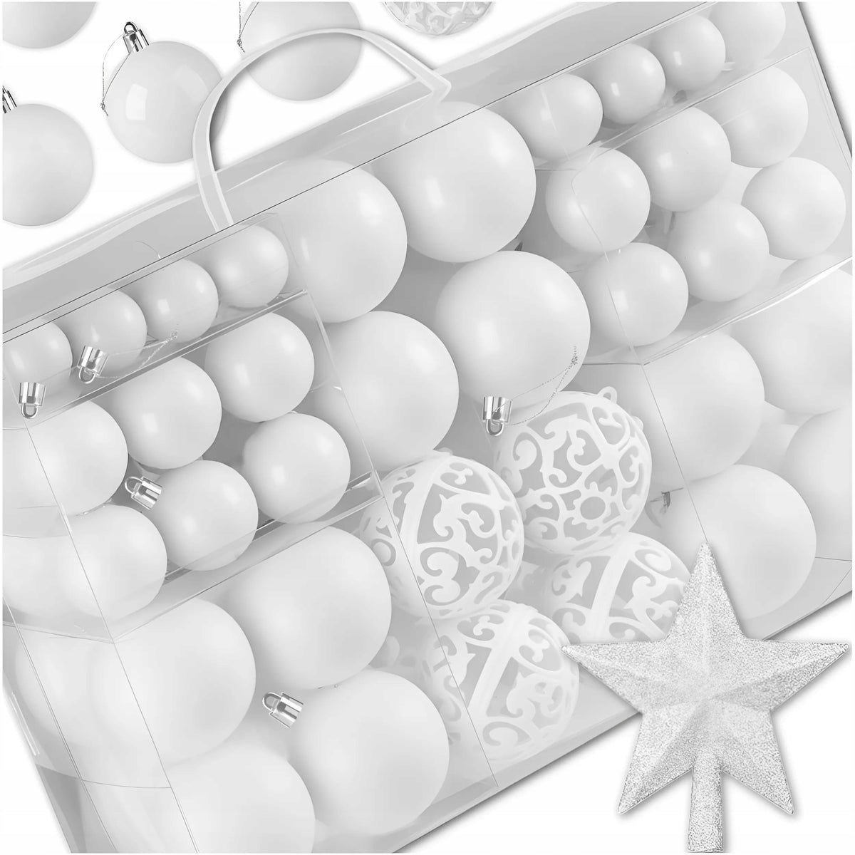CHRISTMAS TREE BAUBLES SET 3/4/6 CM CHRISTMAS TREE BAUBLES WITH STAR 100 PCS WHITE EAN (GTIN) 5902557372720