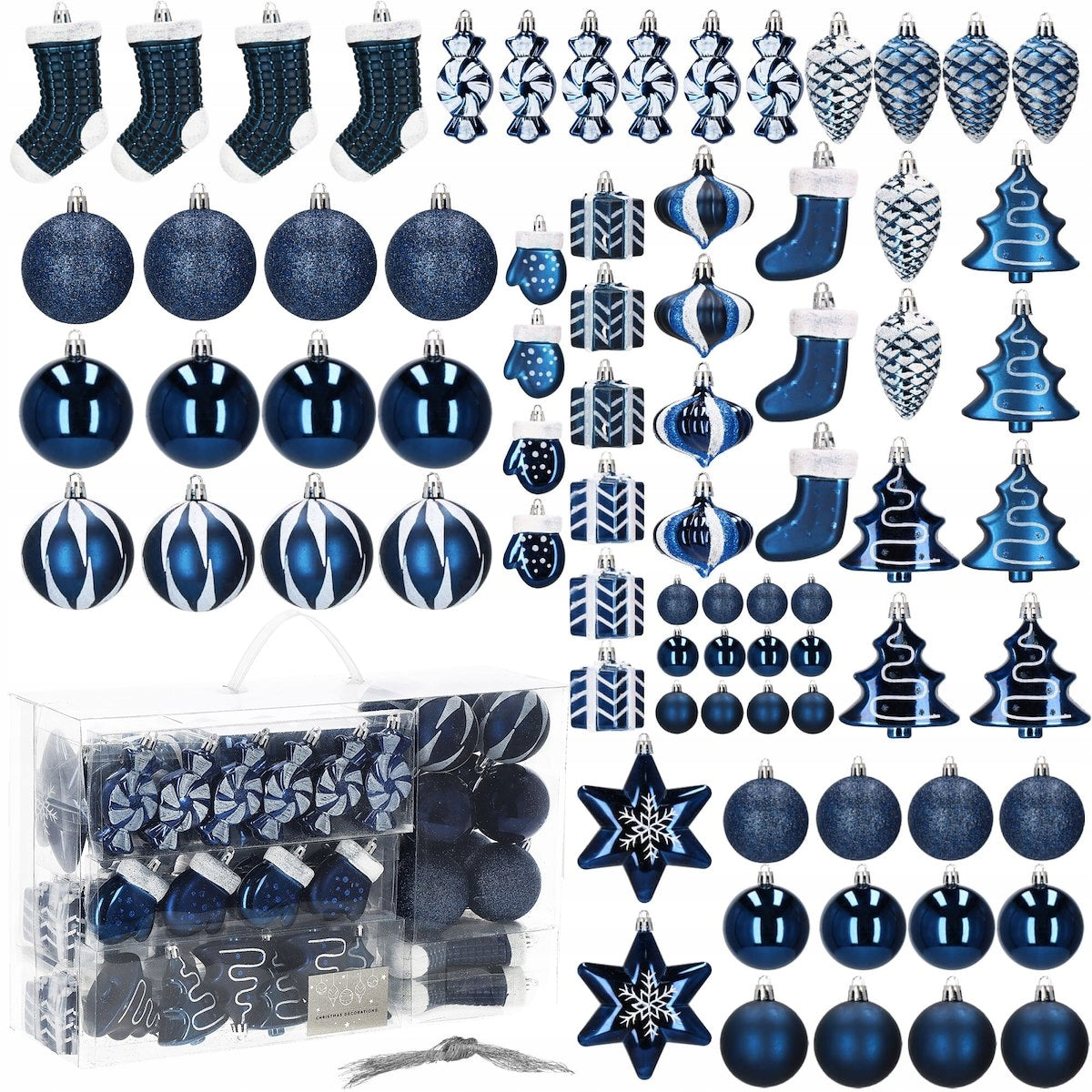 CHRISTMAS TREE BAUBLES SET 77PCS NAVY BLUE CHRISTMAS TREE BAUBLES CHRISTMAS ORNAMENTS Packaging status original