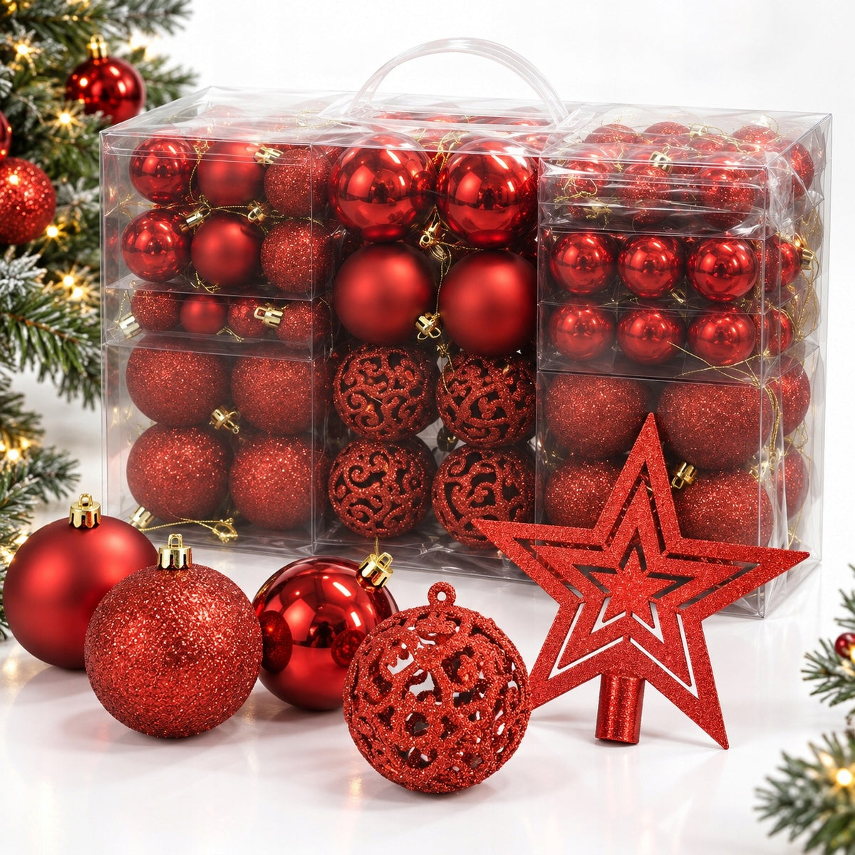 CHRISTMAS TREE BAUBLES SET XXL 101 PIECES RED BAUBLES WITH STAR FOR CHRISTMAS TREE