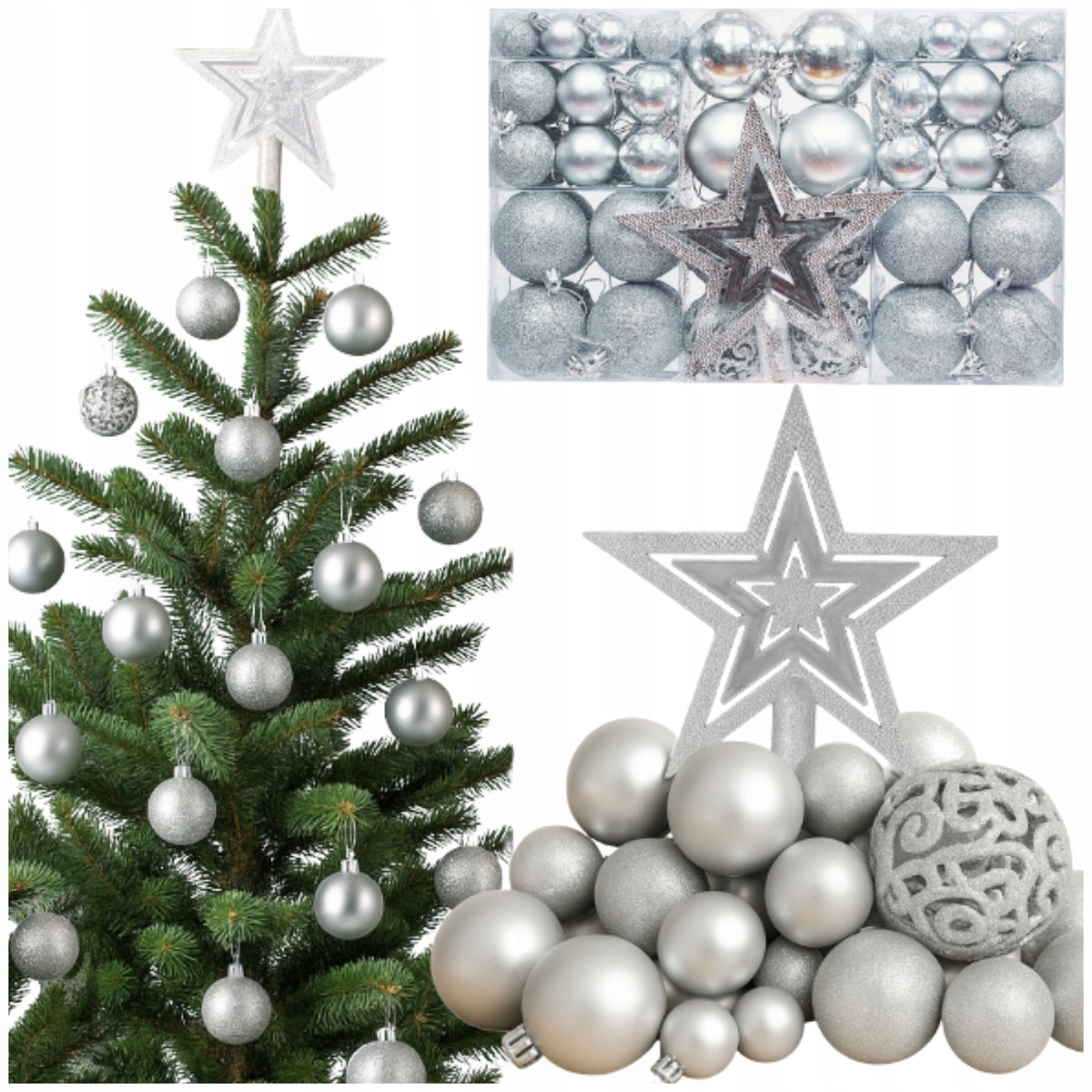 CHRISTMAS TREE BAUBLES SILVER LARGE SET FOR CHRISTMAS 100PCS UNBREAKABLE DECORATIONS