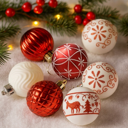 CHRISTMAS TREE BAUBLES UNBREAKABLE CHRISTMAS DECORATIONS 30pcs red white Packaging status original