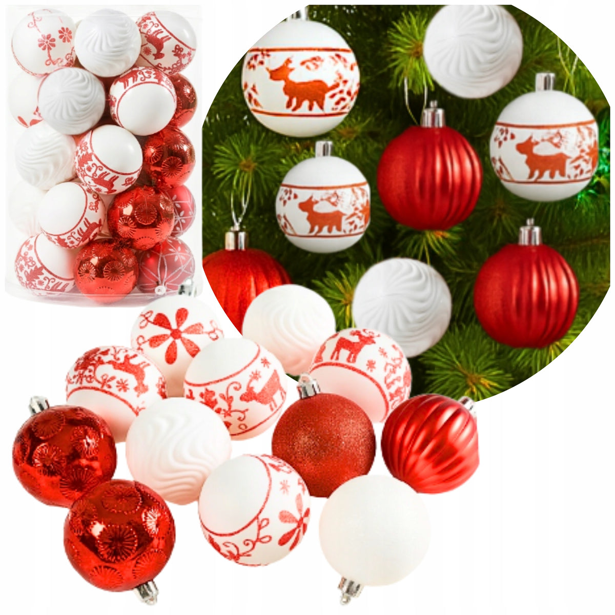 CHRISTMAS TREE BAUBLES UNBREAKABLE CHRISTMAS DECORATIONS 30pcs red white