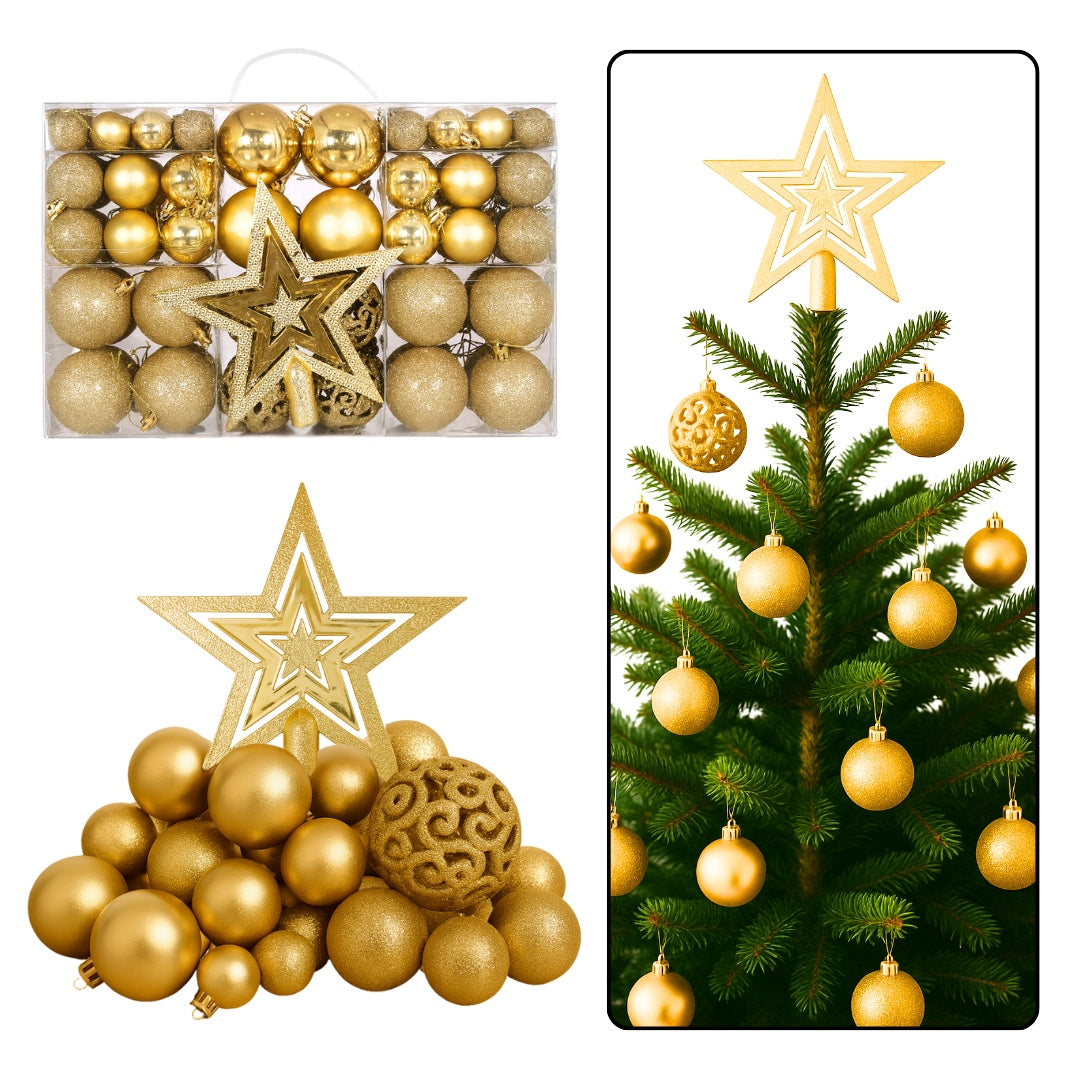 CHRISTMAS TREE BAUBLES UNBREAKABLE CHRISTMAS ORNAMENTS GOLD 100 PCS SET XXL