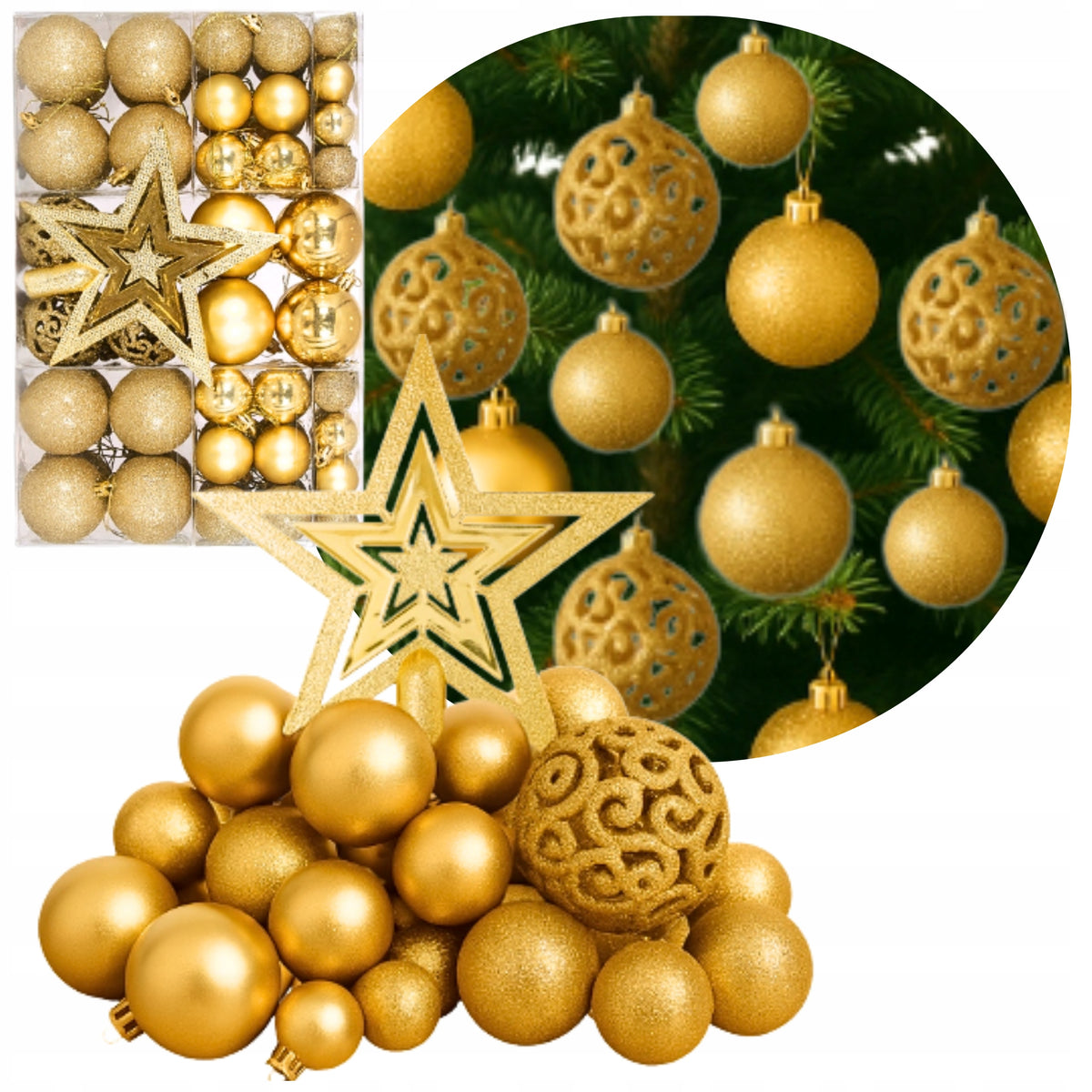 CHRISTMAS TREE BAUBLES UNBREAKABLE CHRISTMAS ORNAMENTS GOLD 100 PCS SET XXL