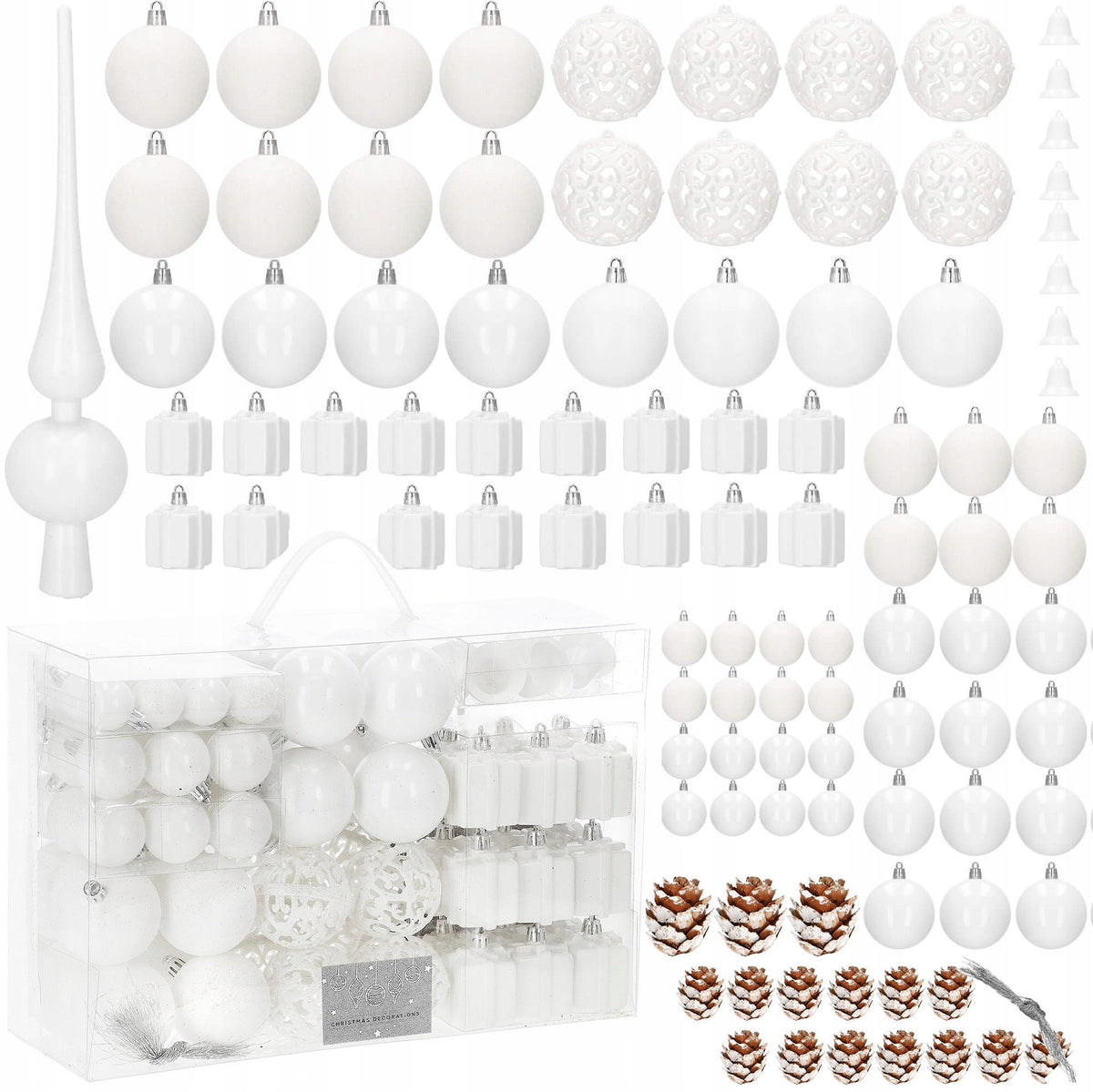 CHRISTMAS TREE BAUBLES UNBREAKABLE CHRISTMAS TREE SET XXL 101pcs WHITE SPIKE TIP Brand Springos