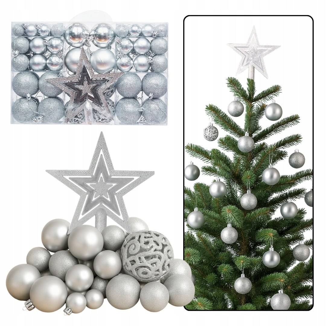 CHRISTMAS TREE BAUBLES UNBREAKABLE TIP large set 100pcs silver CHRISTMAS ORNAMENTS