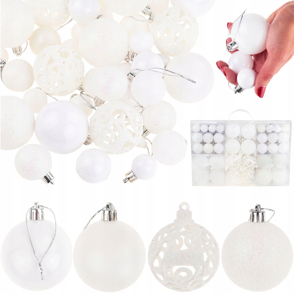 CHRISTMAS TREE BAUBLES WHITE LARGE SET XXL 100pcs PATTERNS BAUBLES 6/4/3cm