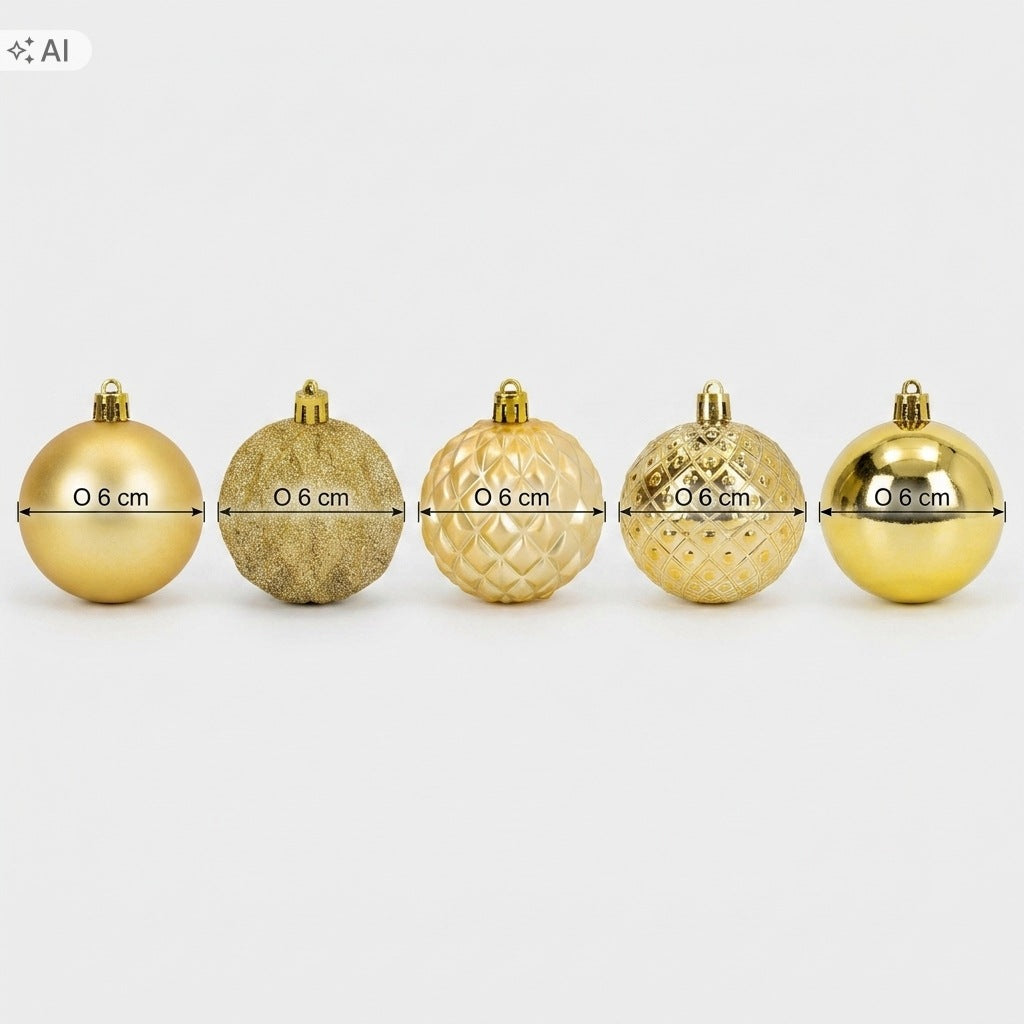CHRISTMAS TREE BAUBLES gold 6 cm 35 pieces unbreakable set mix patterns in tube Packaging status original