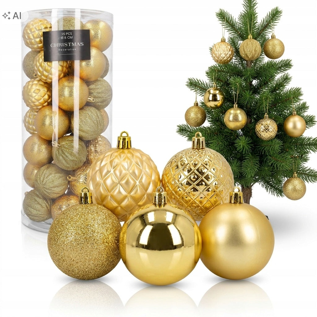 CHRISTMAS TREE BAUBLES gold 6 cm 35 pieces unbreakable set mix patterns in tube