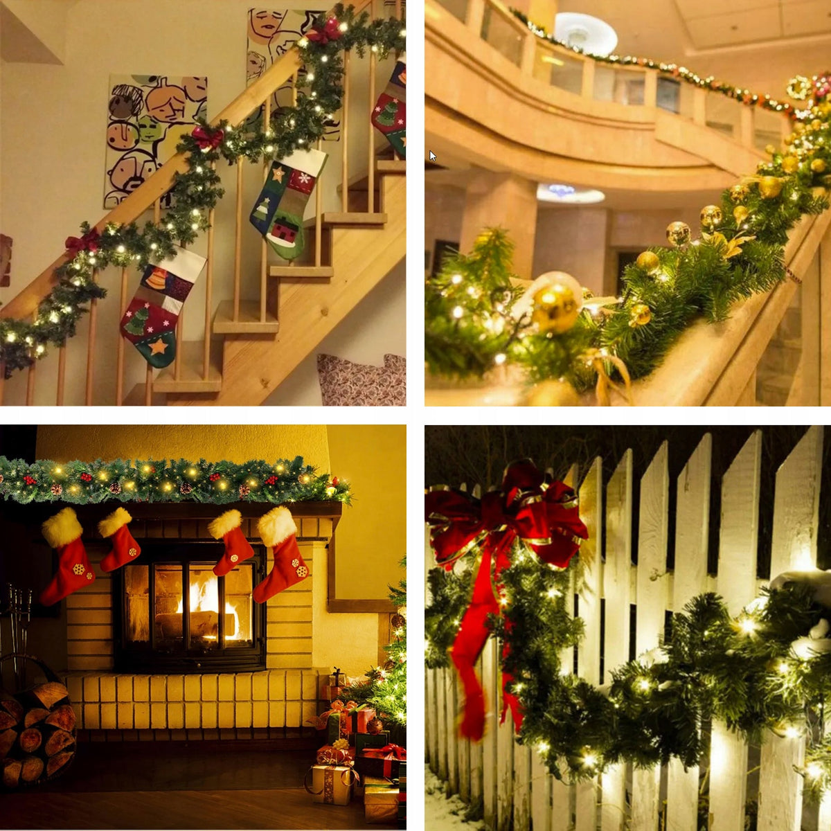 CHRISTMAS TREE GARLAND CHAIN 270cm + 50 LED LIGHTS RIBBON BAUBLES Color green