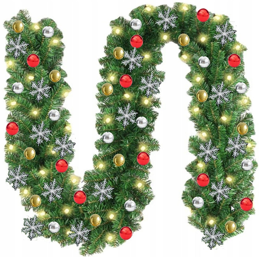 CHRISTMAS TREE GARLAND CHAIN 270cm + 50 LED LIGHTS RIBBON BAUBLES