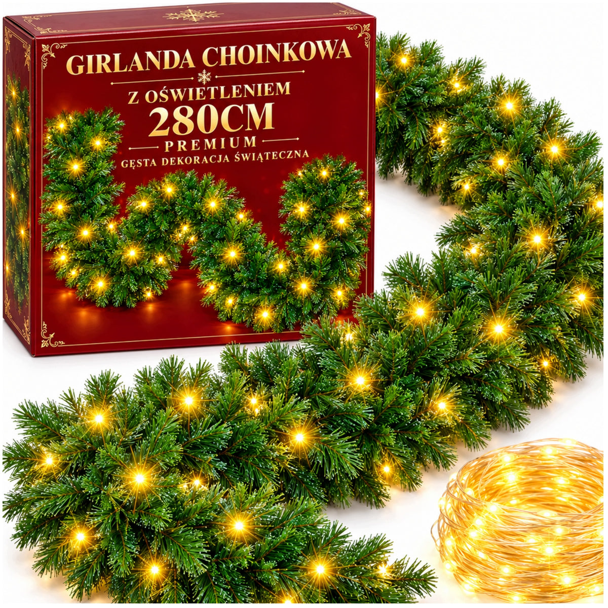 CHRISTMAS TREE GARLAND CHRISTMAS CHAIN 280 CM ARTIFICIAL GREEN DENSE +LAMPS