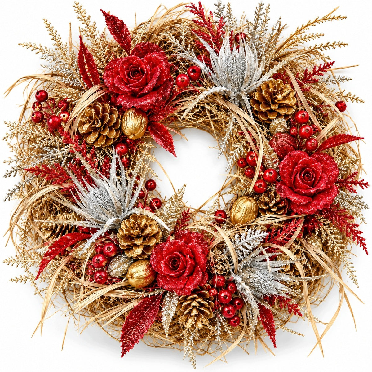 CHRISTMAS WREATH 25-30 CM RED GOLD CONES ROSES DECORATION FOR DOORS