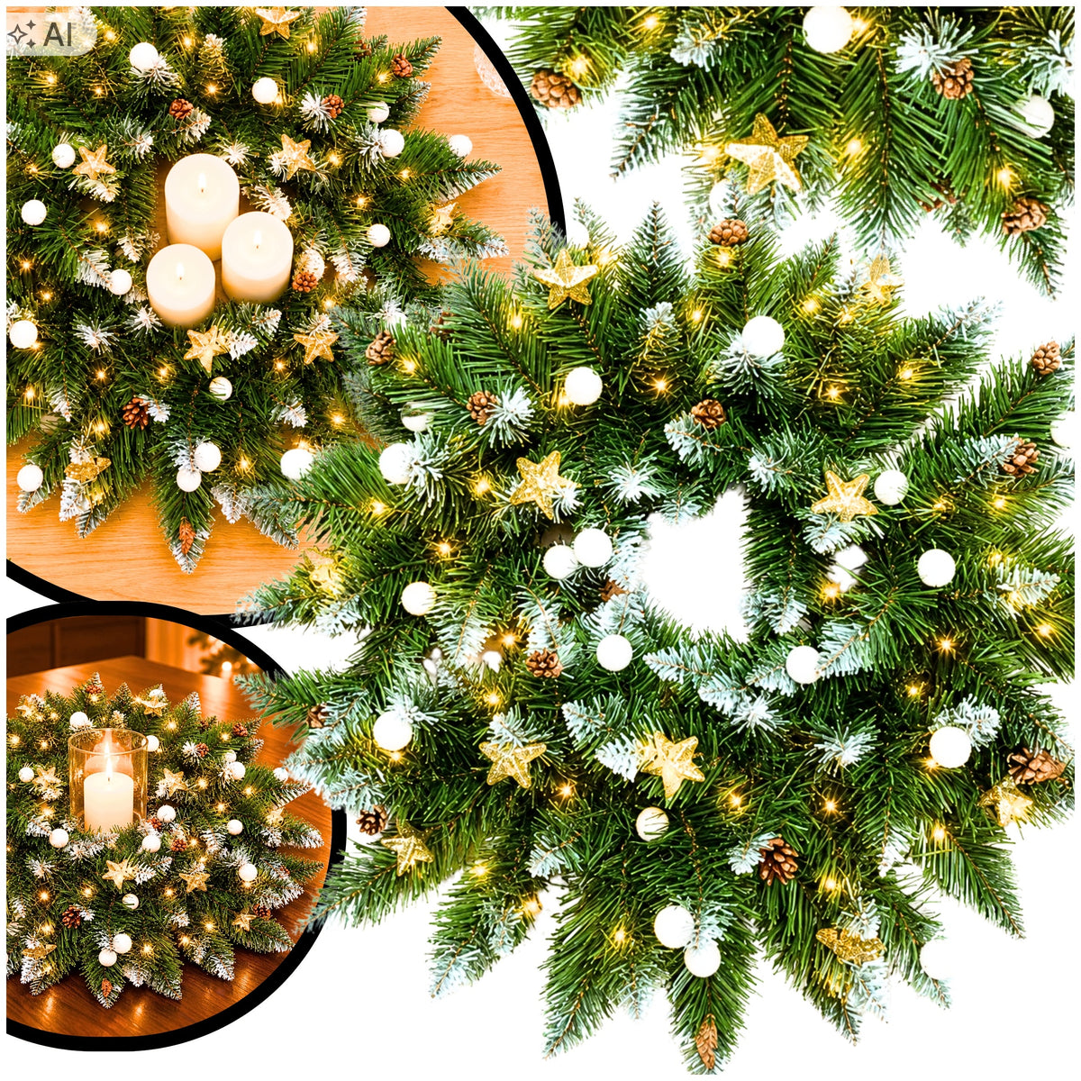 CHRISTMAS WREATH DENSE DECORATED GOLD LED FOR DOOR TABLE 65CM