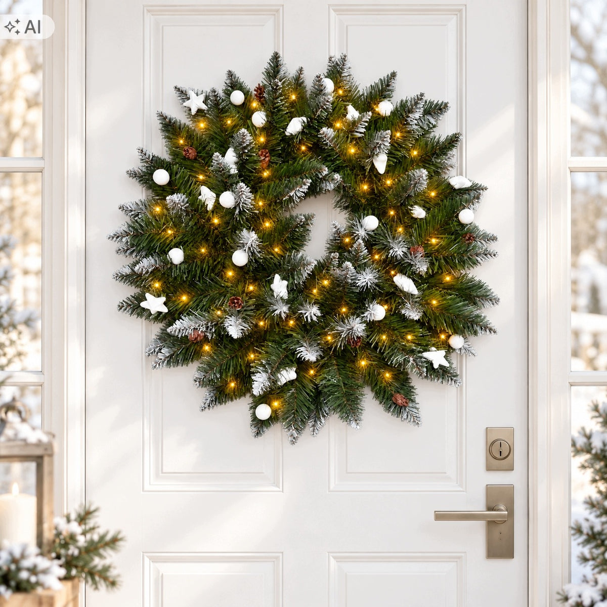 CHRISTMAS WREATH DENSE DECORATED WHITE LED FOR DOOR TABLE 65CM Manufacturer code Wianek wieniec stroik biały LED ozdoba