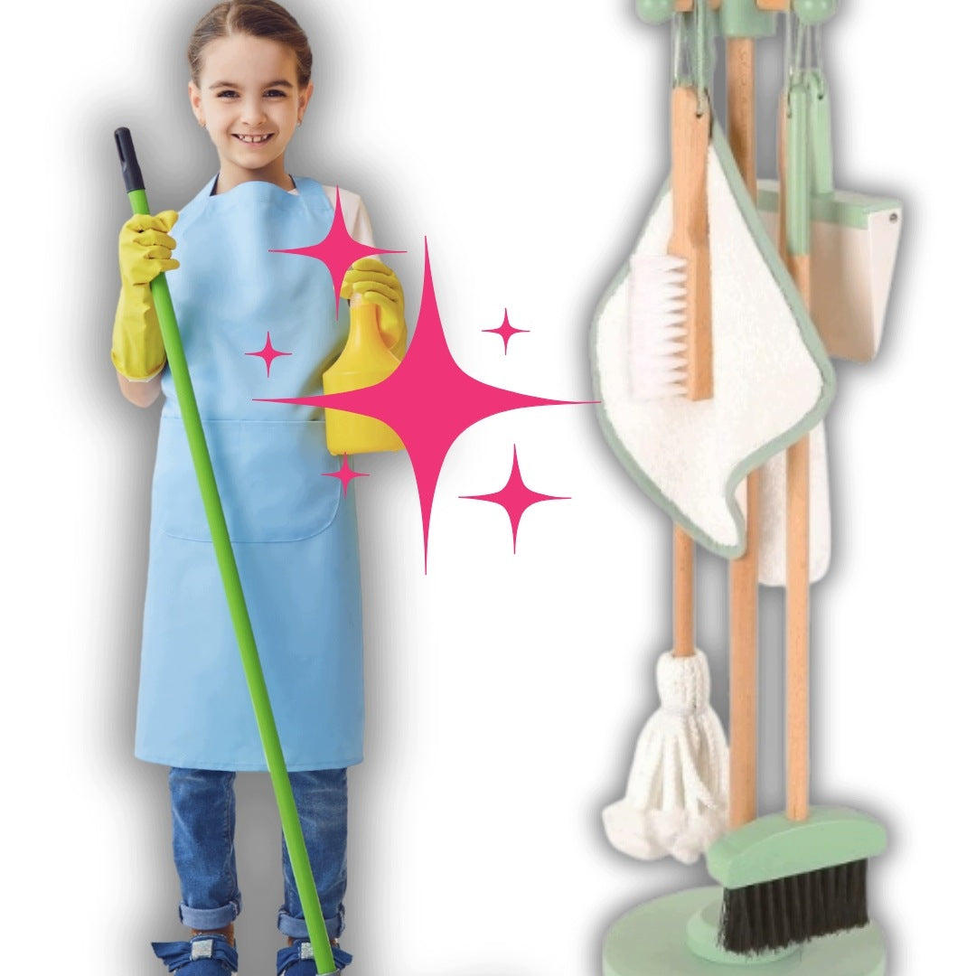 CLEANING KIT FOR CHILDREN MOP BROOM DUSTPAN BRUSH STAND WOOD