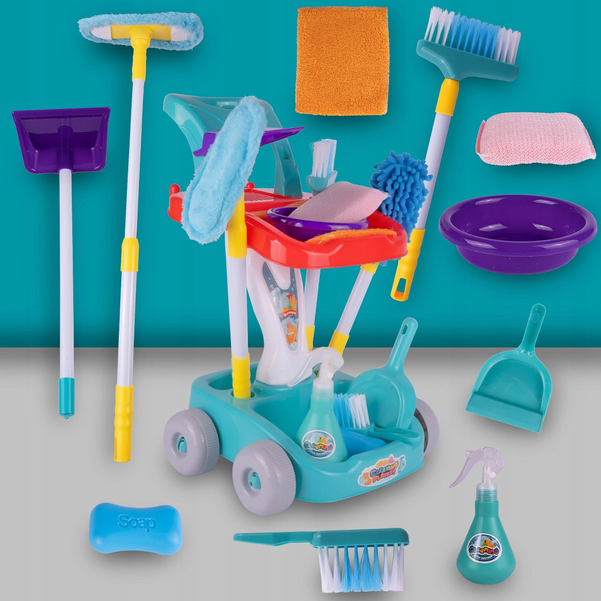 CLEANING KIT FOR CHILDREN ON A TROLLEY BRUSH WASHER MOP DUSTPAN Character/Title none