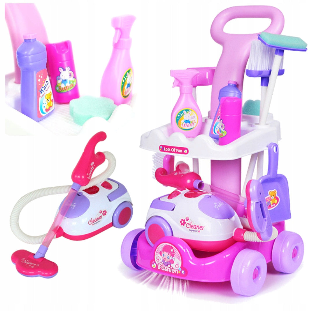 CLEANING KIT FOR KIDS VACUUM CLEANER PULLS TROLLEY MOP BROOM SPRAY Packaging status original