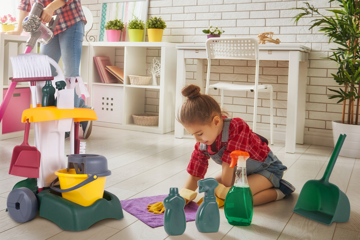 CLEANING KIT FUN FOR KIDS MOP BUCKET BROOM CART ON WHEELS Brand MalPlay