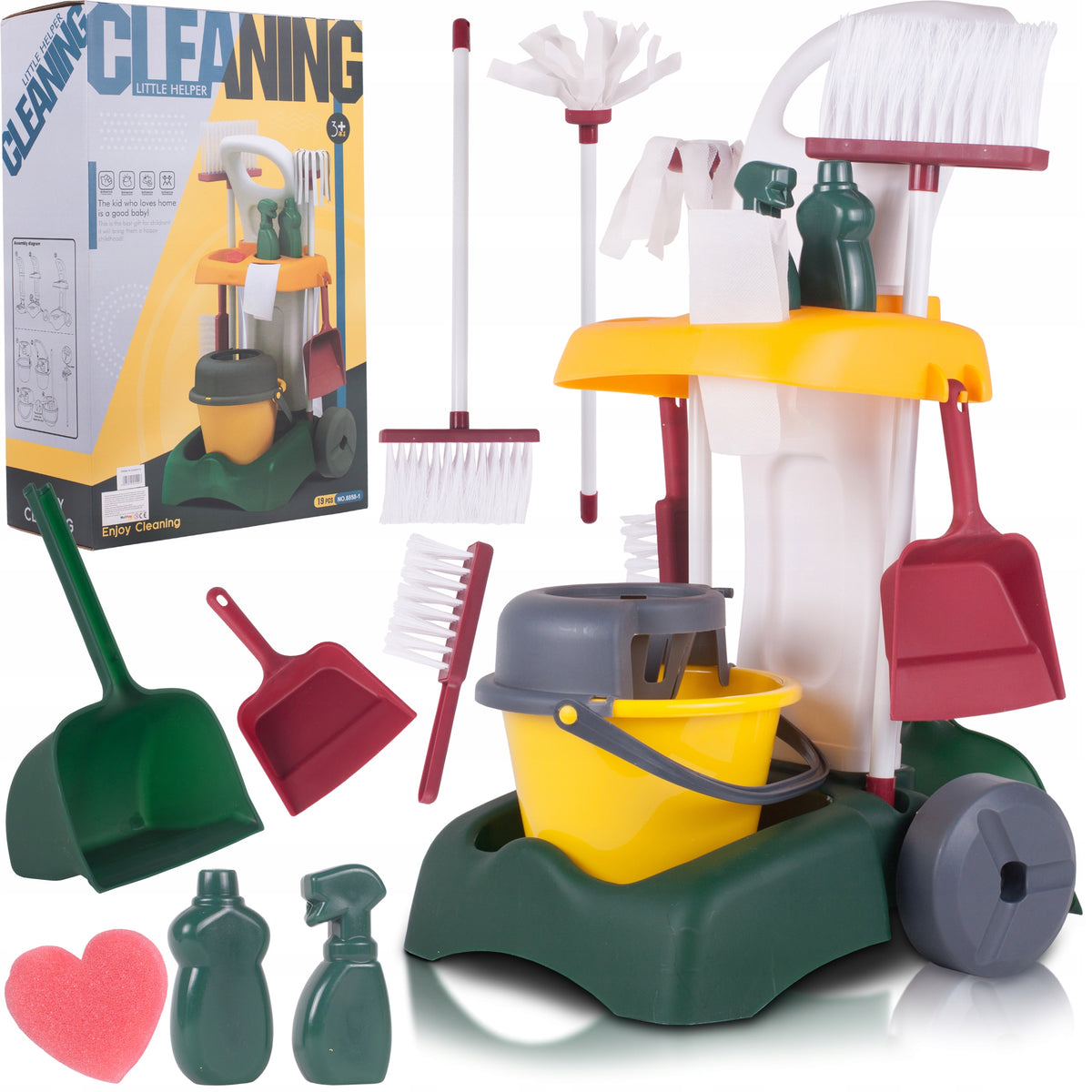 CLEANING KIT FUN FOR KIDS MOP BUCKET BROOM CART ON WHEELS
