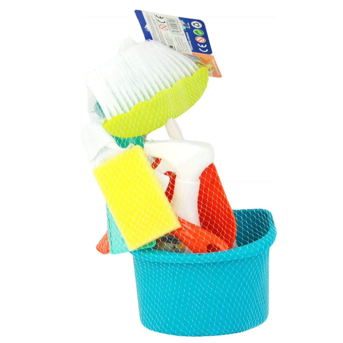 CLEANING KIT IN MESH BUCKET BRUSH MOP DUSTPAN TWO SPONGES