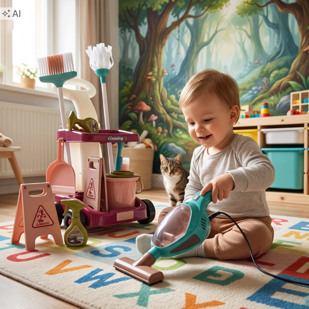 CLEANING SET HANDHELD VACUUM CLEANER CHILDREN TROLLEY ON WHEELS ACCESSORIES 14 EL Packaging status original