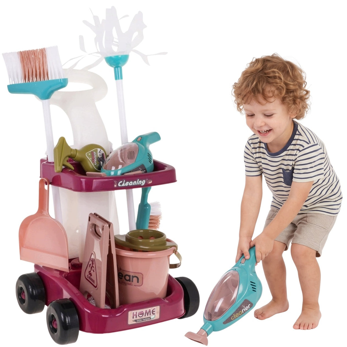 CLEANING SET HANDHELD VACUUM CLEANER CHILDREN TROLLEY ON WHEELS ACCESSORIES 14 EL