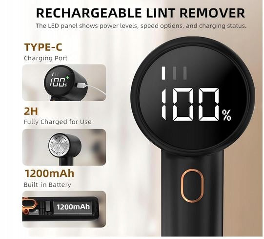 CLOTHES SHAVER LINT REMOVER Q20 PORTABLE, LED DISPLAY, BLACK Packaging status original