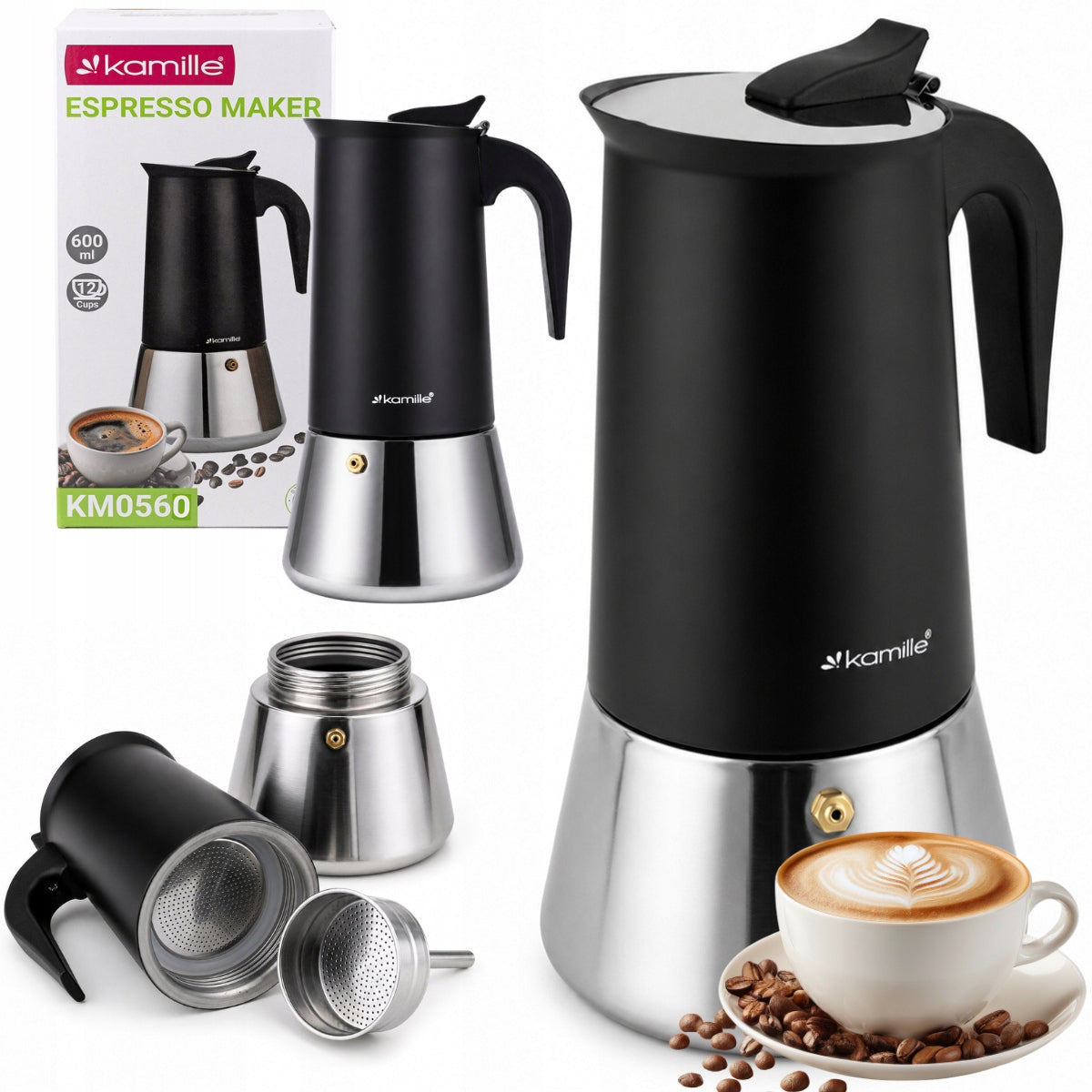 COFFEE PRESSURE COFFEE MAKER STEEL ESPRESSO INFUSER 600 ml KAMILLE