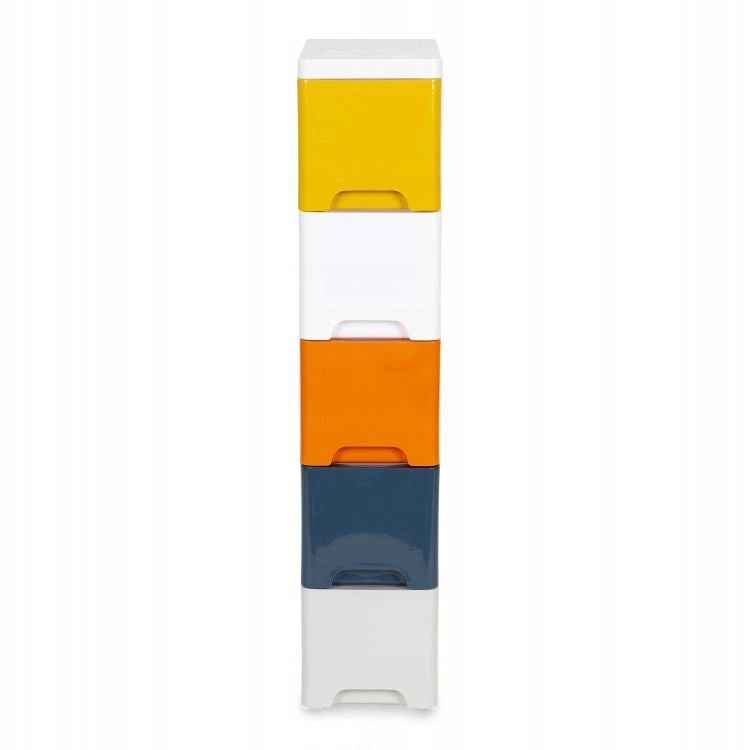 COLORFUL NARROW BOOKCASE WITH 5 DRAWERS ON WHEELS 83 X 18 X 32 CM Packaging status original
