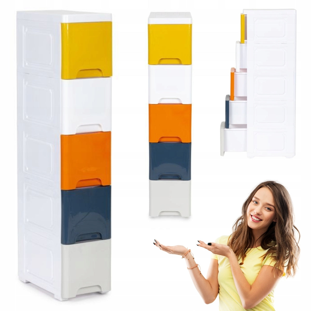 COLORFUL NARROW BOOKCASE WITH 5 DRAWERS ON WHEELS 83 X 18 X 32 CM