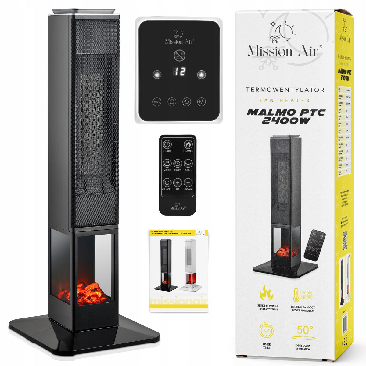 COLUMN FAN ELECTRIC HEATER FIREPLACE REMOTE TIMER BLACK