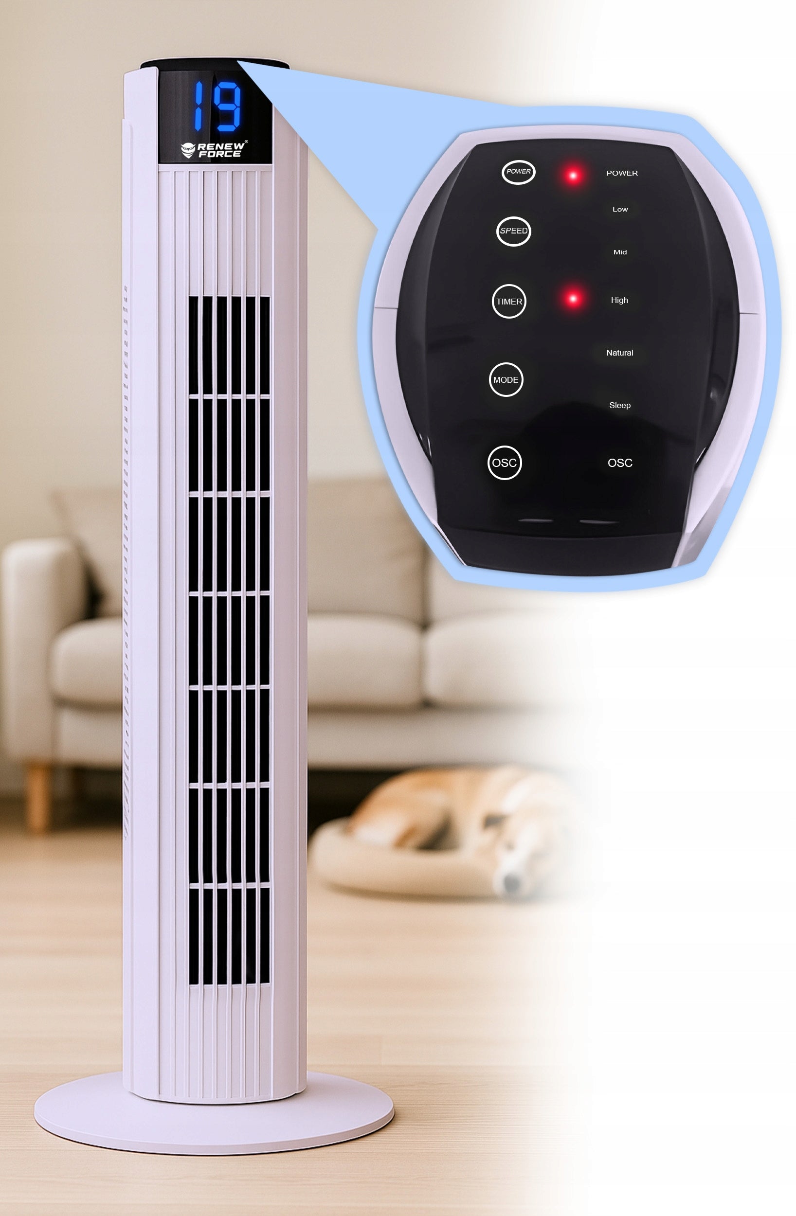 COLUMN FAN LARGE FLOOR FAN VERTICAL TIMER OSCILLATION REMOTE CONTROL Manufacturer code OBROTOWY PANEL DOTYKOWY ZDALNE STEROWANIE 3
