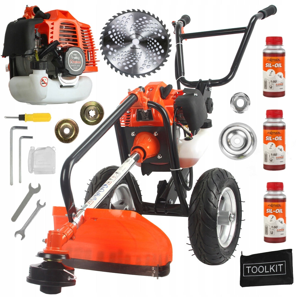 COMBUSTION SCYTHE ON WHEELS MOWER TRIMMER TROLEY BRUSHCUTTER + OIL