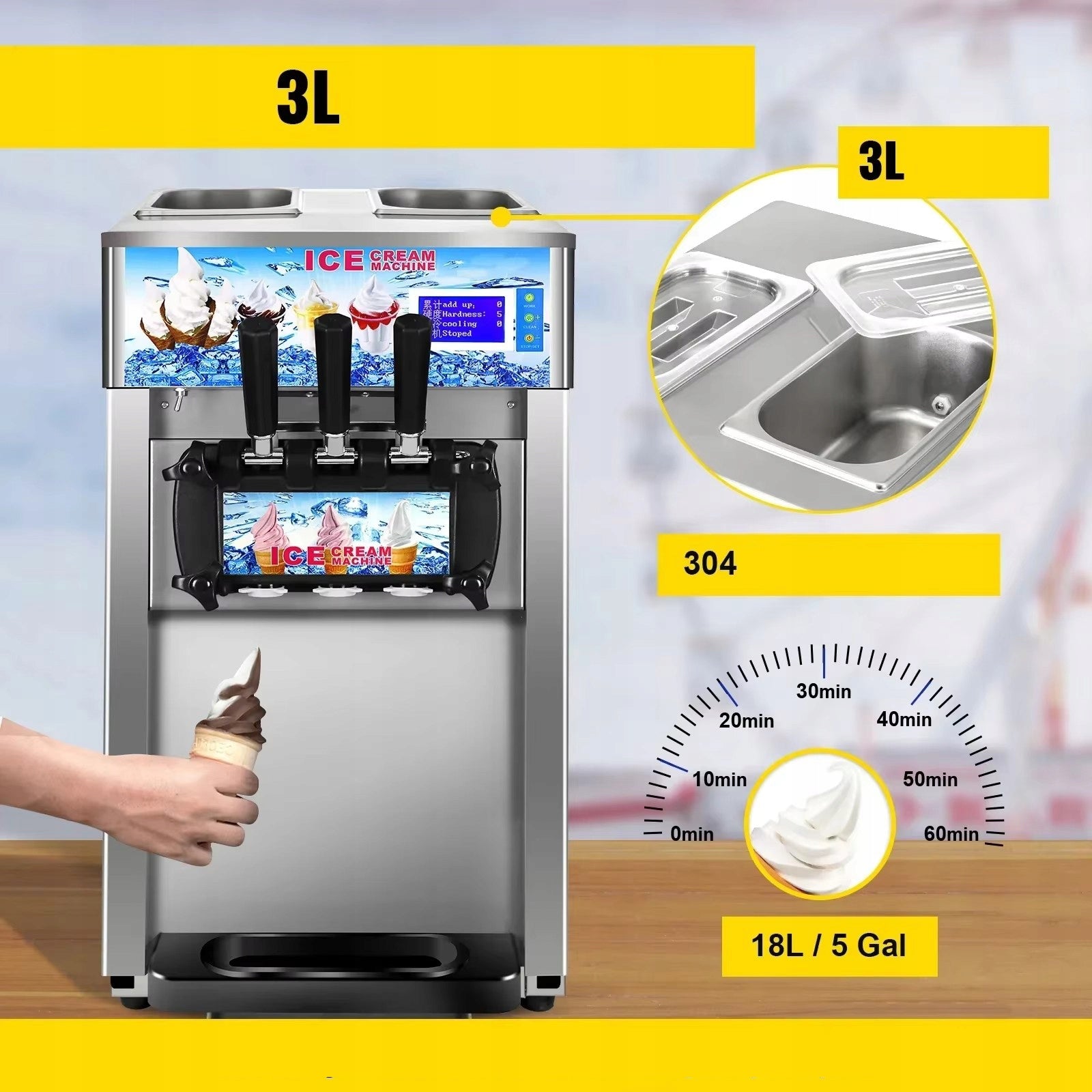 COMMERCIAL ICE CREAM MACHINE VEVOR WITH DOUBLE TANKS 3L 3 FLAVORS AND 3 NOZZLES Manufacturer code SH-ZM-168-Silver-EU