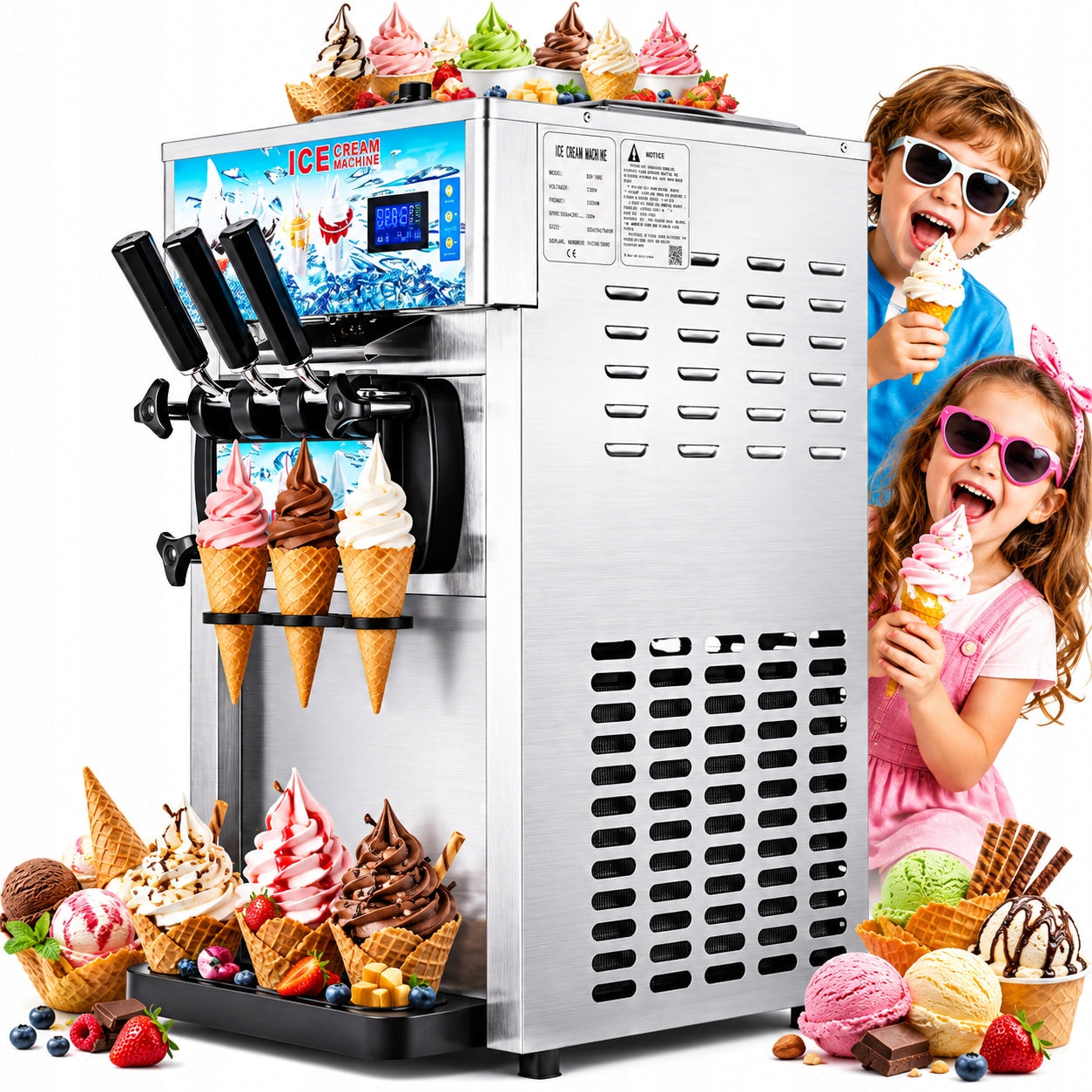 COMMERCIAL ICE CREAM MACHINE VEVOR WITH DOUBLE TANKS 3L 3 FLAVORS AND 3 NOZZLES