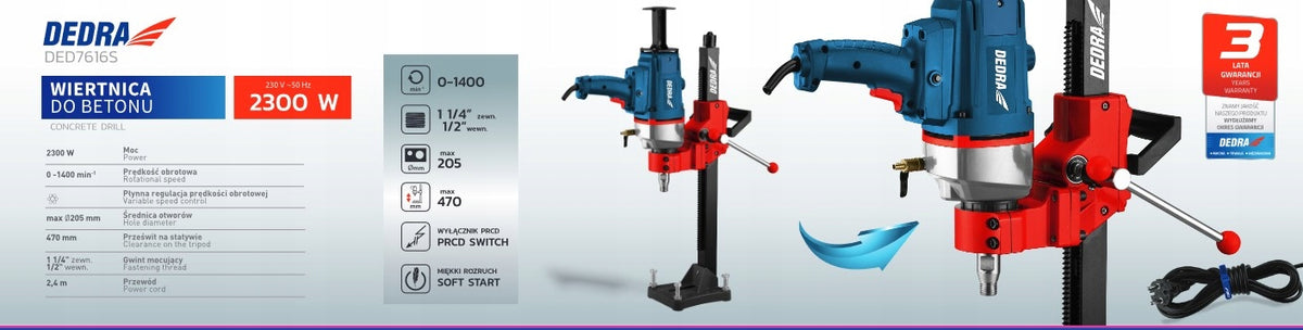 CONCRETE DRILLING RIG DEDRA 2300W 205mm Hole Saw Tripod Soft Start DED7616s Manufacturer code DED7616S