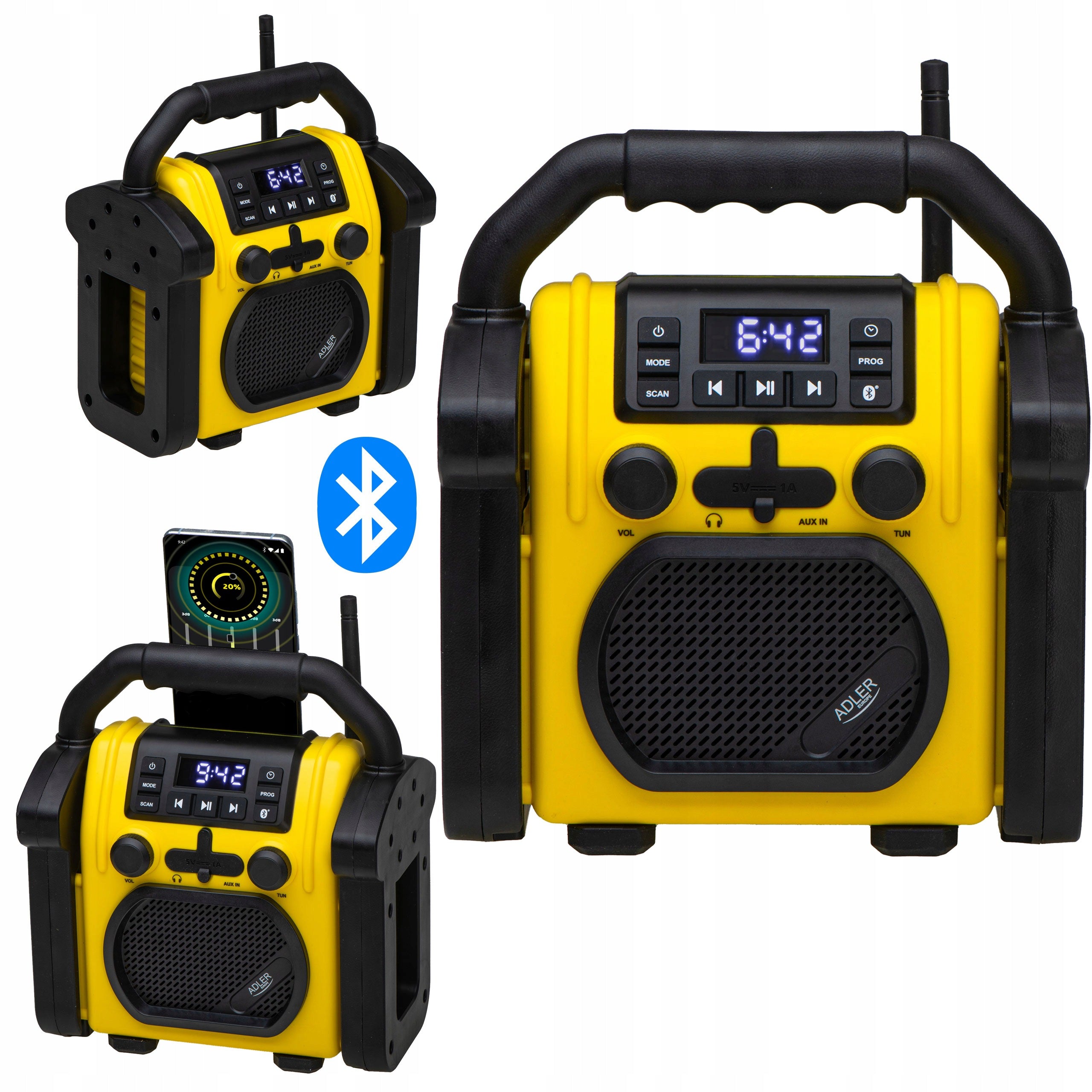 CONSTRUCTION RADIO PORTABLE BLUETOOTH SPEAKER IPX54 BATTERIES + NETWORK CHARGER