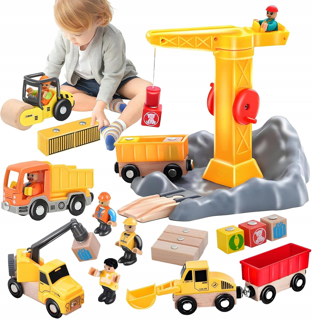 CONSTRUCTION VEHICLES CRANE EXCAVATOR SET FOR GIFT TRUCK WOOD